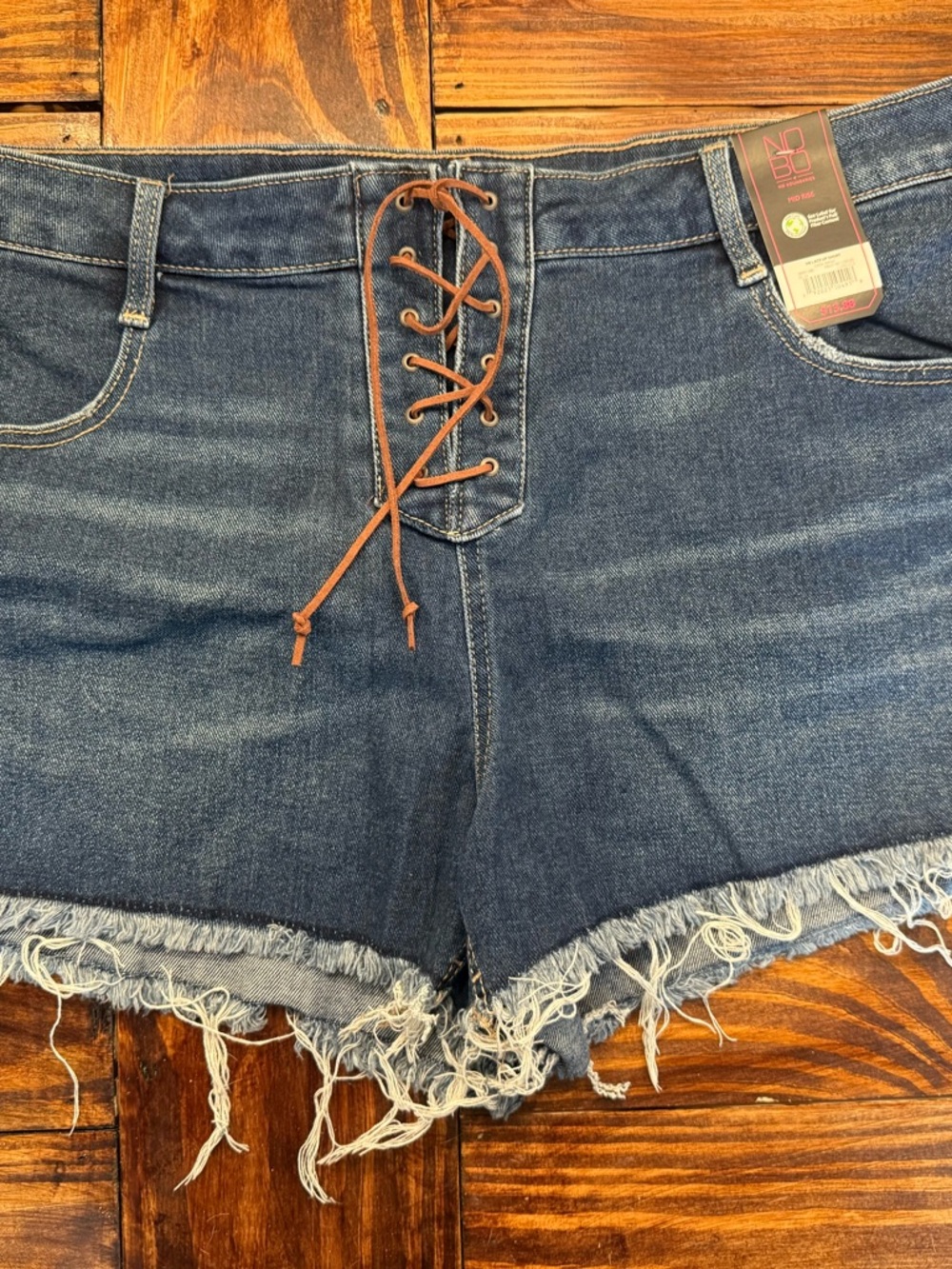 No Boundaries Dark Blue Lace-Up Frayed Hem Denim Shorts